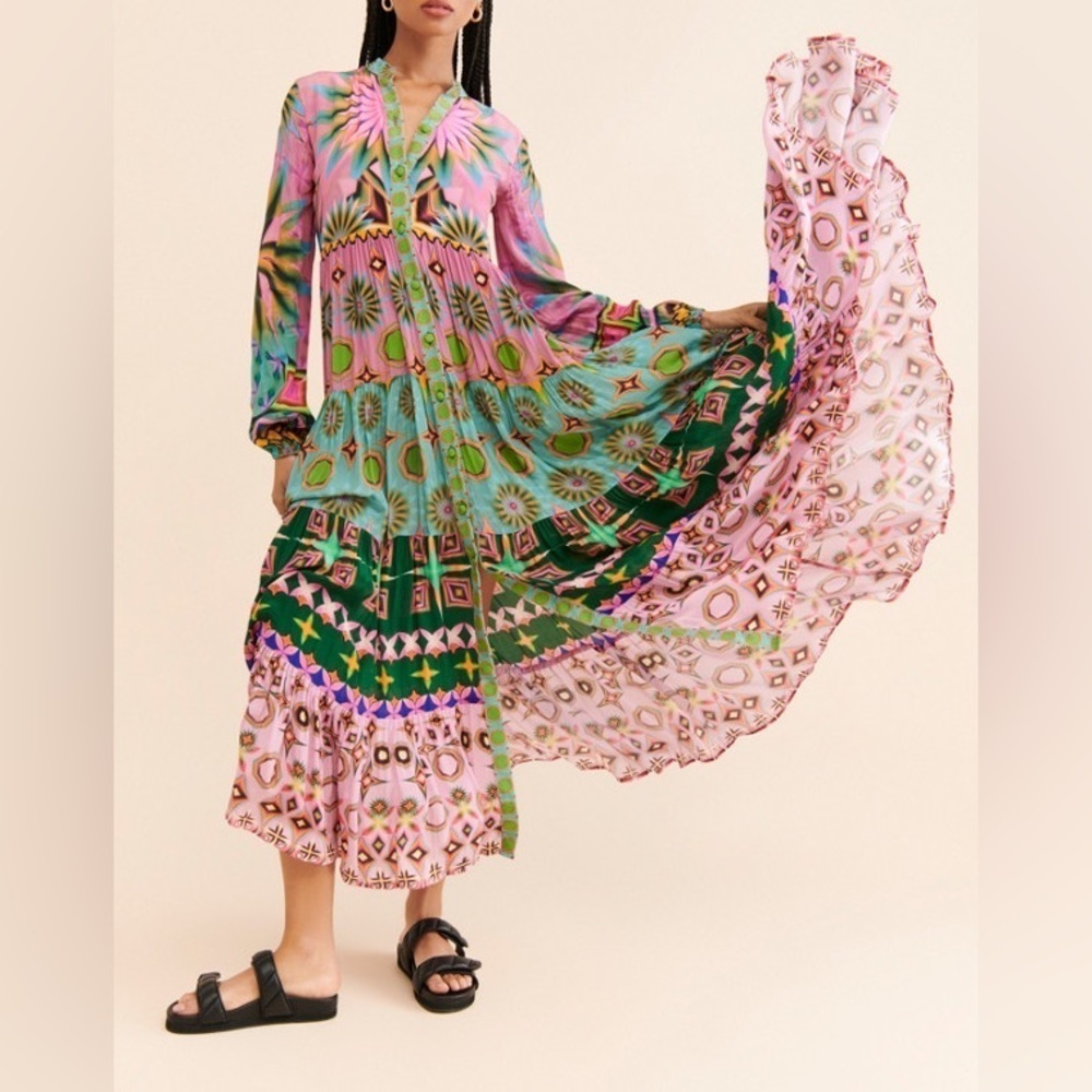 Siddhartha Bansal x Anthropologie Mixed Print Button Front Maxi Dress Size XS